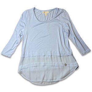 Michael Kors Chiffon-Hem Pastel Blue Top with 3/4 Length Sleeves